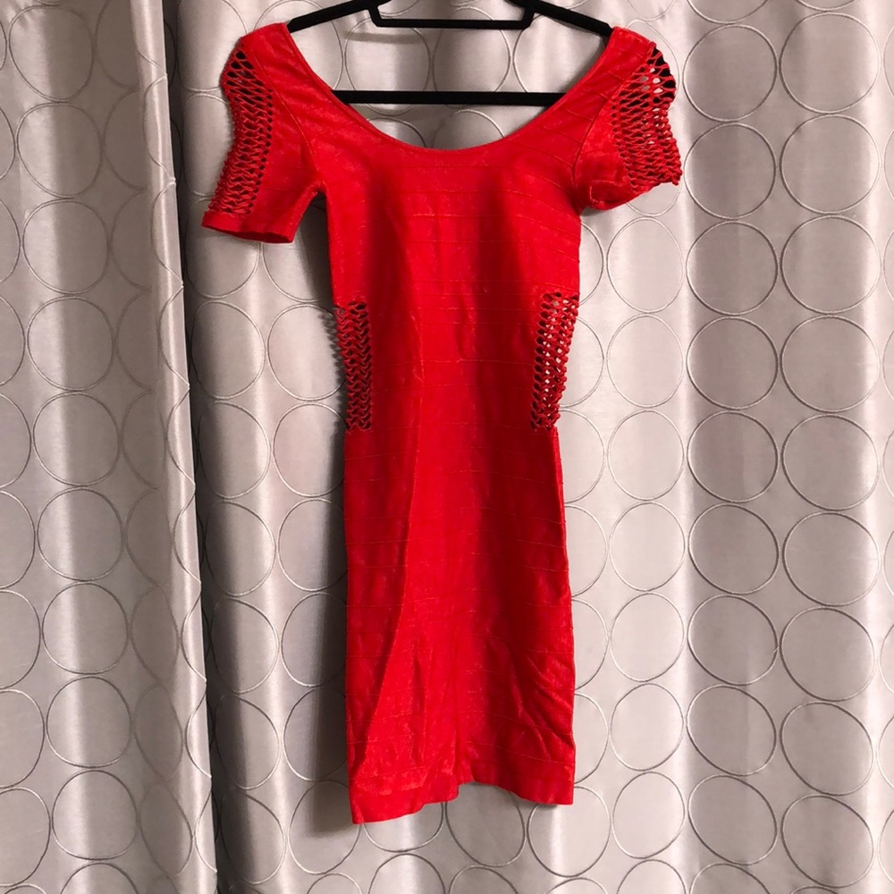 Bebe bodycon red mesh cut out dress size S